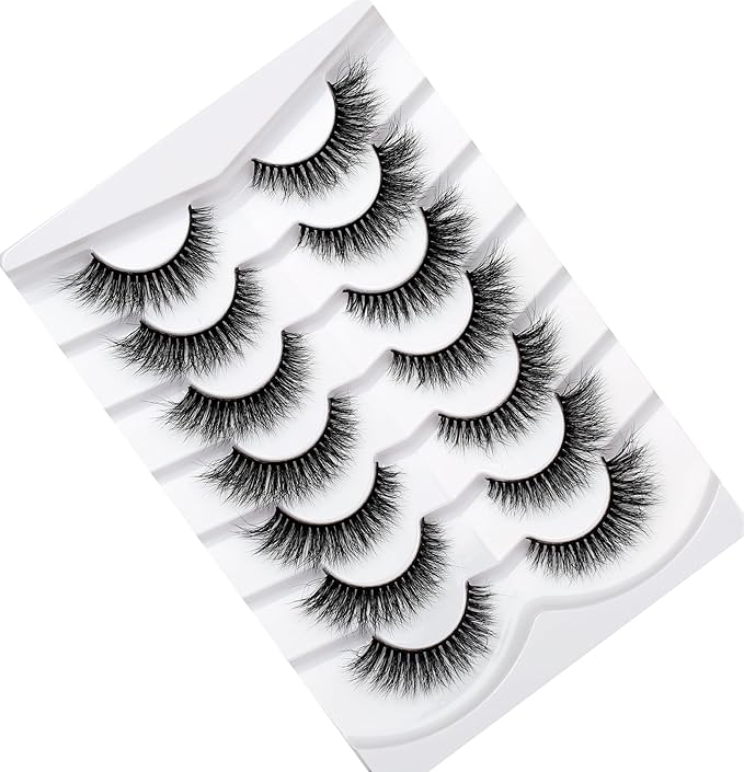 Pooplunch False Eyelashes Cat Eye Look Wispy Lashes Short Natural 8D Extension Volume Soft Faux Mink Lashes Fake Eyelash Strips 7 Pairs Pack