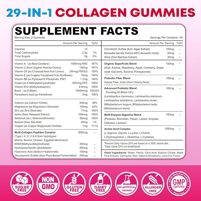 Vazatisi Collagen Peptides Gummies with Biotin & Vitamin C, Sugar Free Hydrolyzed Multi Collagen Type I II III V X for Women & Men, Supports Skin Hair Nails Digestive & Immune Health, 180 Count