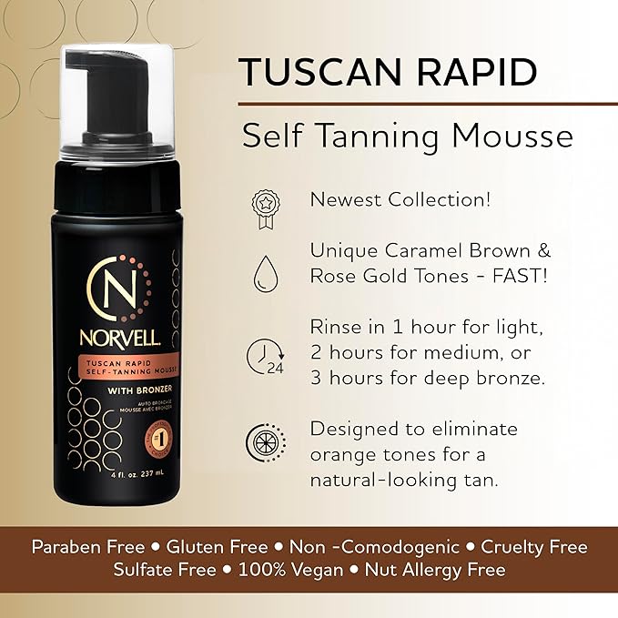Norvell Tuscan Rapid Self Tanner Mousse 4 fl oz with Bronzer, Coconut Paradise Scent – Self Tanning Foam for a Natural Sun Kissed Glow – Anti Aging Sunless Tanner Foam for Smooth, Radiant Skin