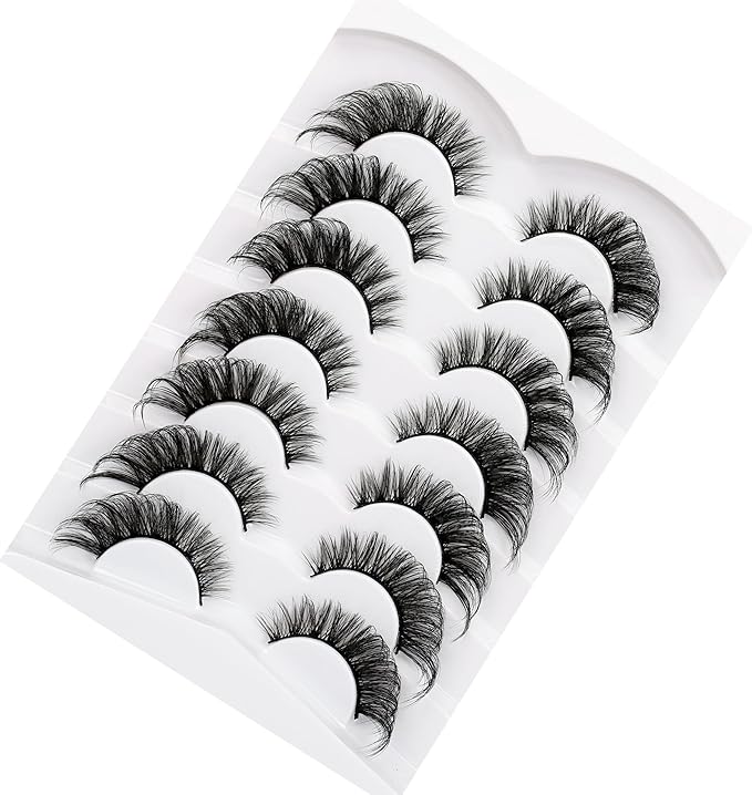 Poolunch False Eyelashes Cat Eye Lashes 8D Volume Wispy Natural Crossed Fake Eyelashes Faux Mink Lashes Strips 7 Pairs Pack