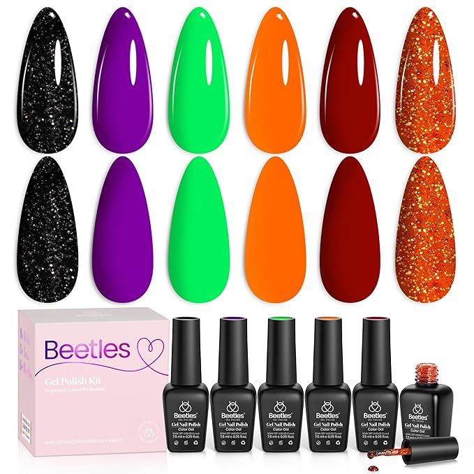 Beetles Gel Nail Polish Set - Hocus Pocus 6 Colors Gel Polish Orange Green Purple Black Red Glitter Winter Colors, Soak Off Nail Lamp UV LED Cured Nail Art Design Manicure Gift for Women
