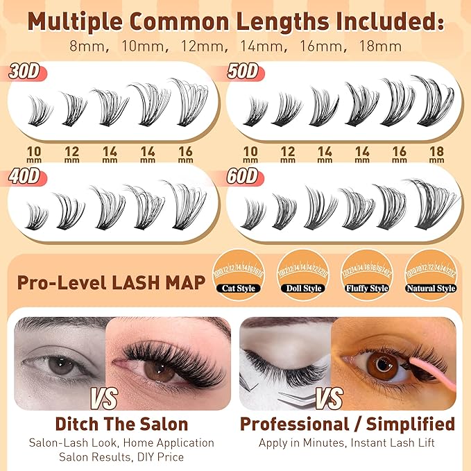 calphdiar Wispy Lash Clusters 30D+40D+50D+60D Individual Lashes 480PCS Eyelash Clusters Natural Volume Lashes Clusters D-curly Cluster Eyelash Extensions 8-18MM DIY Lash Extension at Home