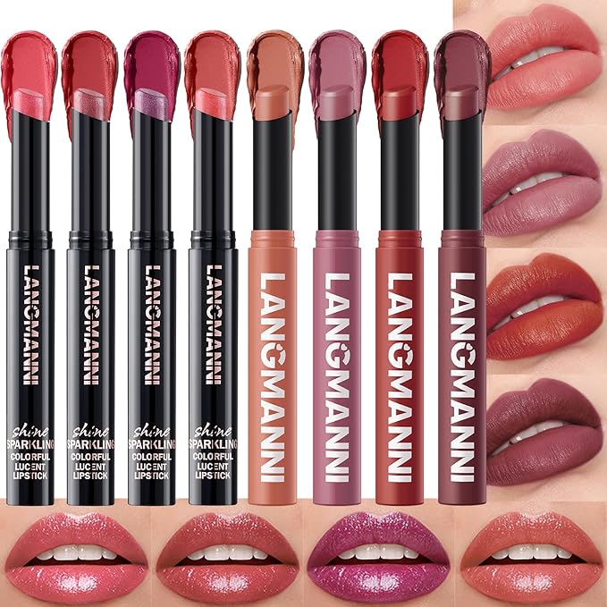 Jolilab 8Pcs Glitter Lip Kit - Velvet Matte & Nude Matte Lipstick + Glitter Lip Gloss/Glitter Lipstick High Pigmented Long-Lasting Waterproof Beauty Cosmetics Gift for Women(SET F)