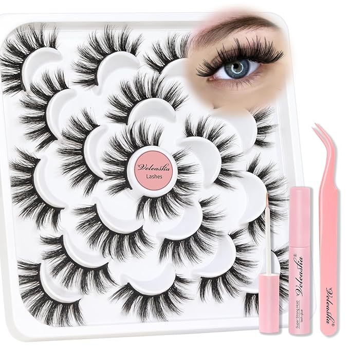Veleasha Lashes 3D Fluffy False Eyelashes 10 Pairs Soft Faux Mink Lashes Lightweight Fake Eyelashes Wispy False Lashes Kit with Lash Glue and Lash Tweezers Handmade Strip Lashes (3D07 Kit)