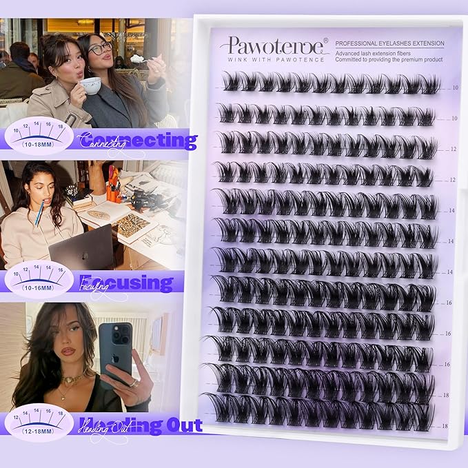 Pawotence Kira Lash Clusters Wispy Cluster Eyelash Extensions 10-18mm Individual Lashes DIY Cluster Lashes Extension Soft Comfortable Eyelash Clusters with Thin Band