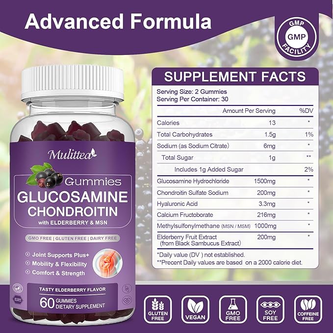 Mulittea 3 Pack Glucosamine Chondroitin Gummies MSM Elderberry Calcium- Extra Strength Joint Support Supplement for Relief. Antioxidant Immune Support for Adults Men Women
