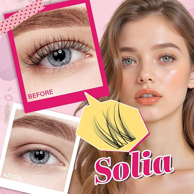 PROLASHBEAUTY Natural Lash Clusters Wispy Lashes Invisible Band Eyelash Clusters CC Curl Individual Lashes Natural Look Lashes Clusters with Super Thin Band Reusable Soft & Comfortable (Solia,8-16mix)