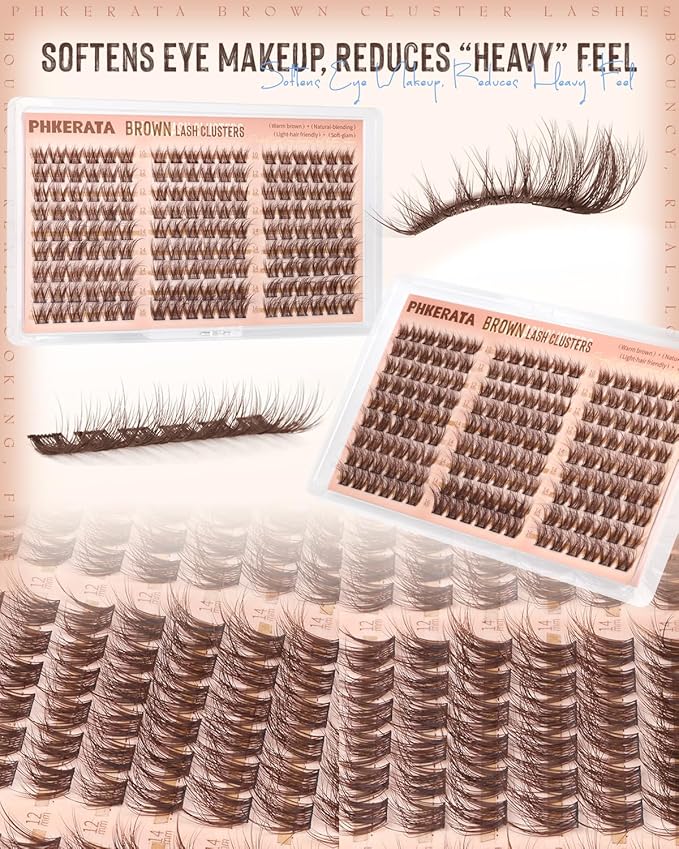 PHKERATA Brown Lash Clusters Wispy Cluster Eyelash Extensions Natural Eyelash Clusters 180Pcs Brown Lashes Clusters 10-16MM DIY Soft Individual Lashes C Curly Eyelash Extension