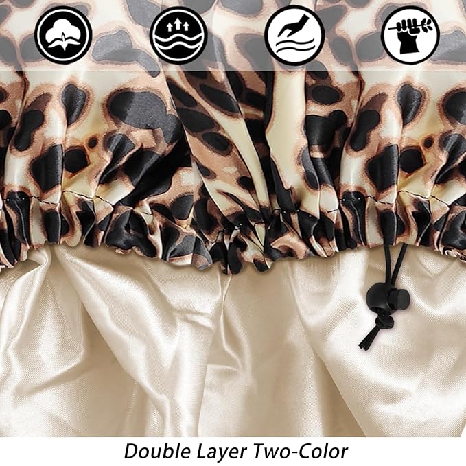 Satin Silk Bonnet for Curly Hair Bonnet Braid Bonnet for Sleeping Bonnets for Women Large Double-Layer Adjustable(Leopard)