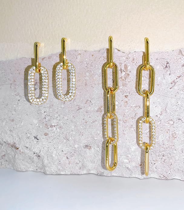 OZEL 14K Gold & Silver Plated Paperclip Chain Earrings with Cubic Zirconia – Dangle, Hoop, Huggie, Stud Styles – Women’s Fashion Jewelry Gift