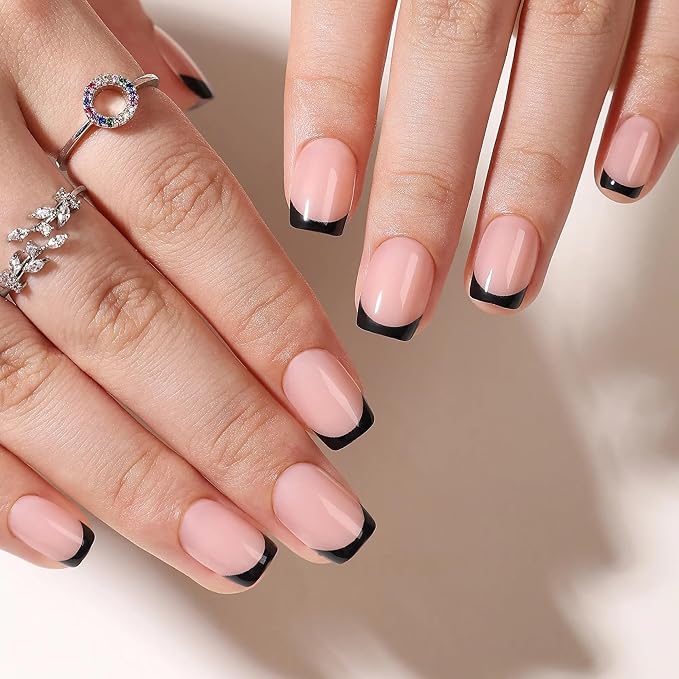 RPNZL Press On Nails - Eclipse | Black French Tip, UV Finish Short Square Nails, Reusable | 32 Nails, 16 Sizes Kit with Glue and Adhesive Tabs I Female Founded