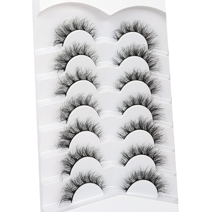 Pooplunch False Eyelashes Cat Eye Look Lightweight Natural Wispy 8D Volume Faux Mink Lashes Short Curly Fake Eyelash Strips 7 Pairs Pack