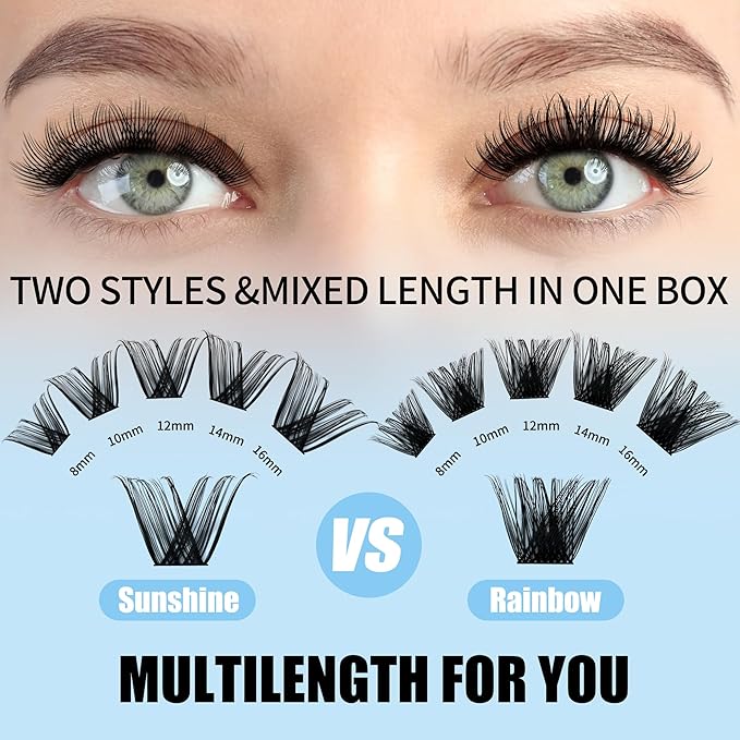 Lash Clusters GEMERRY Cluster Lashes 150 PCS Individual Lashes Two Styles Eyelash Clusters Wide Stem Soft Fluffy Cluster Eyelash Extensions DIY at Home (Sunshine/Rainbow-0.07-D-8-16MIX)