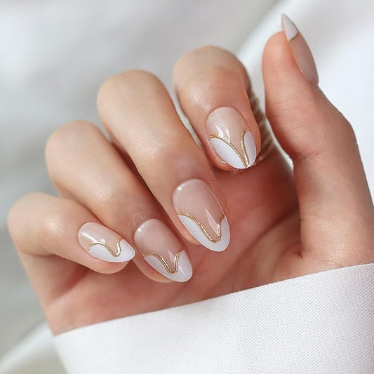 LAMIMOSA 32Pcs French Tip Press on Nails Short Almond - Soft Gel Fake Nails in 16 Sizes with 3D Gold Line, Reusable Semi-Transparent Glue on Nails kit, SWAN LAKE