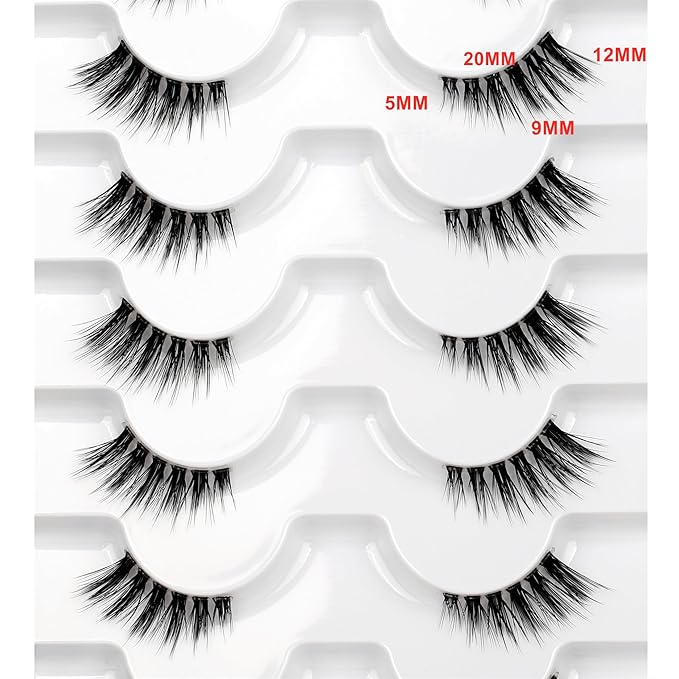 Natural Fake Eyelash for Nude Makeup Cat Eye Look Half Lashes Strips Manga Doe-Eye Spiky Short Accent Lashes Wispies Volume Asian Fairy Clusters False Eyelashes Extensions 8 Pairs Pack Daily Use