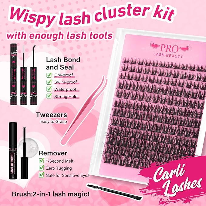 PRO LASHBEAUTY Lash Clusters Kit with Lash Bond and Seal Eyelash Applictor Lash Remover DIY Volume Lash Extension Kit for Beginner Waterproof Resuable Eyelash Extensions at Home (Carli,8-18mix)