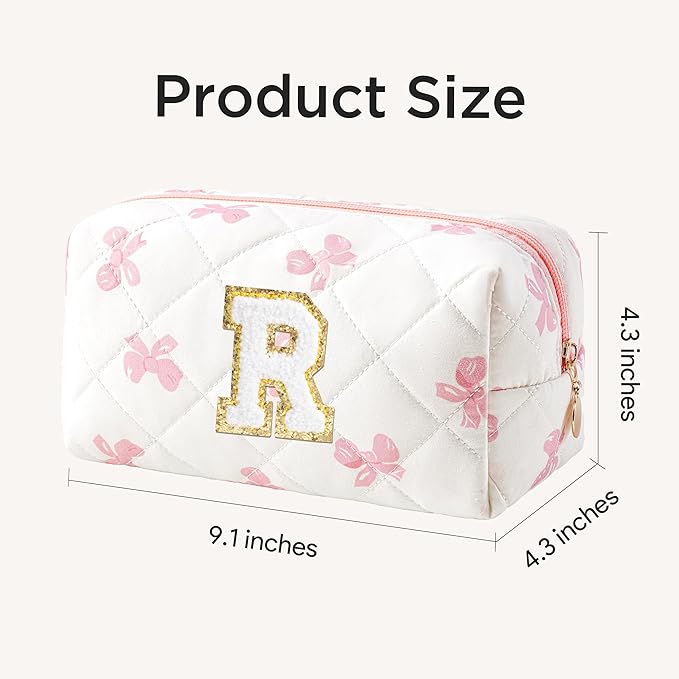 HBselect Initial Makeup Bag for Women, Pink Cosmetic Travel Toiletry Bag, Flowers Zipper Make Up Pouch Organizer Teen Girl Gifts Trendy Stuff R