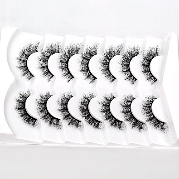 Pooplunch False Eyelashes Natural Cat Eye Lash Wispy Extensions Volume Faux Mink Lashes Fake Eyelash Strips 7 Pairs Pack