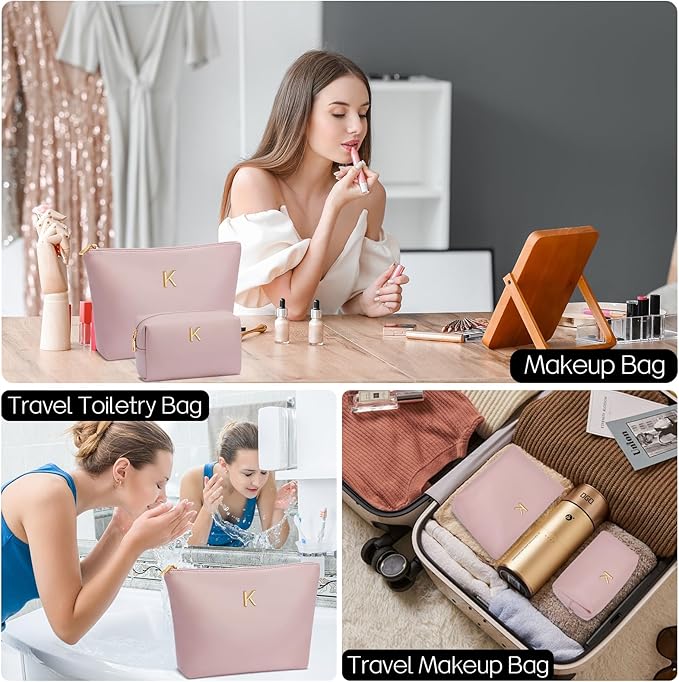 Valentine's Day Gifts for Women Girlfriend Initial Makeup Bag for Teen Girls Personalized Gifts for Friend Teacher Mom Wife Cosmetic Travel Toiletry Bag(Pink,K)