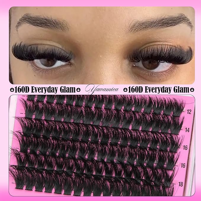 Yawamica Volume Lash Clusters Fluffy Wispy Eyelash Clusters 160D+300D Cluster Eyelash Extensions 12-24mm Long Thick Individual Lashes Dramatic Full Cluster Lashes DIY Salon Extension by Self