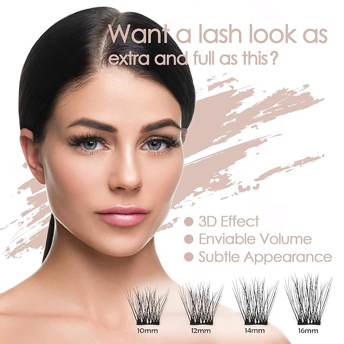 DIY Eyelash Extension, 3D Effect Glue Bonded Band Individual Lash 12 Clusters Volume Lashes Set, Home Eyelash Extension, C curl Lashes Pack (14MM)