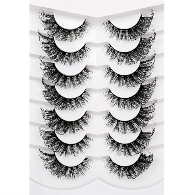 Poolunch False Eyelashes Cat Eye Lashes 8D Volume Wispy Natural Crossed Fake Eyelashes Faux Mink Lashes Strips 7 Pairs Pack