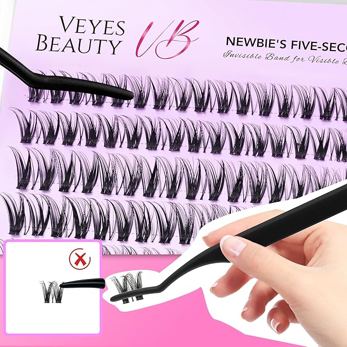 VEYESBEAUTY Lash Clusters Individual Eyelash Extensions Thin & Invisible Band DIY False Eyelashes for Self-application Newbie's Five-Second Series Wispy Lash Tray, Ribbon 8-16mm Mixed Length