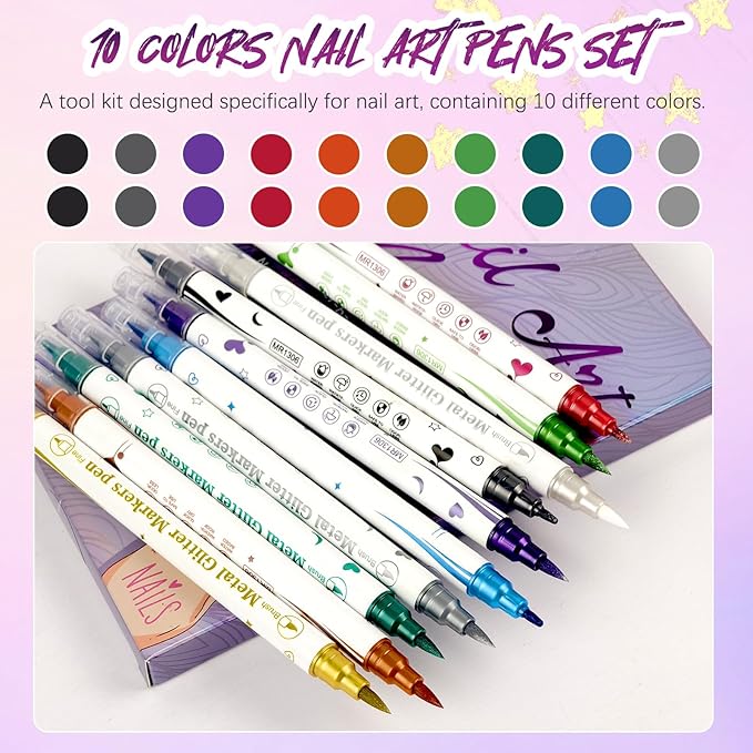 MKNZOME 10 Color Nail Art Pens, Double-ended Nail Polish Pens Drawing Painting Point Liner Acrylic Painted Pen Kit, DIY Nails Art Design Manicure Tools Christmas Gifts 2026 Upgrade (2 Set)