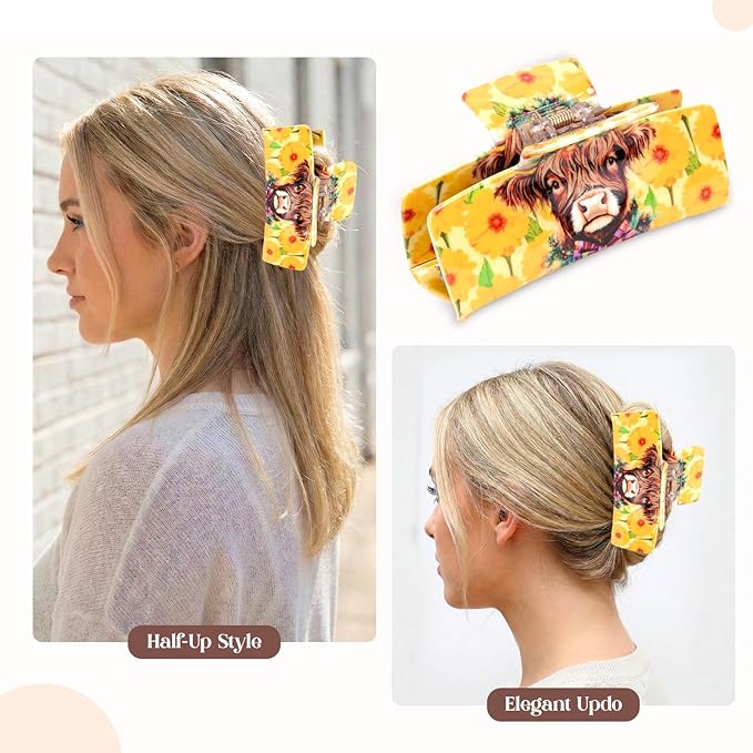 Medium Hair Claw Clip with Floral Cow Design, Plastic Non-Slip Strong Hold Jaw Clip for Thick & Thin Hair, Highland Cow Animal Hair Accessories for Women Daily Wear, Party, Travel