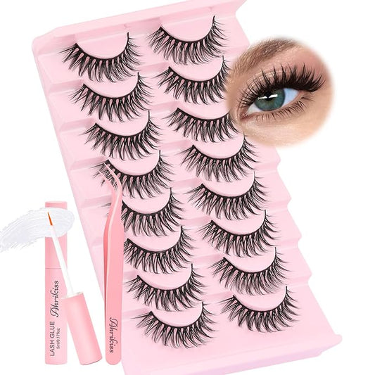 Ahrikiss Lashes Wispy False Eyelashes Natural Look 8 Pairs Faux Mink Lashes Kit with Lash Glue and Lash Tweezers Soft Lightweight Fake Lashes (Charm)