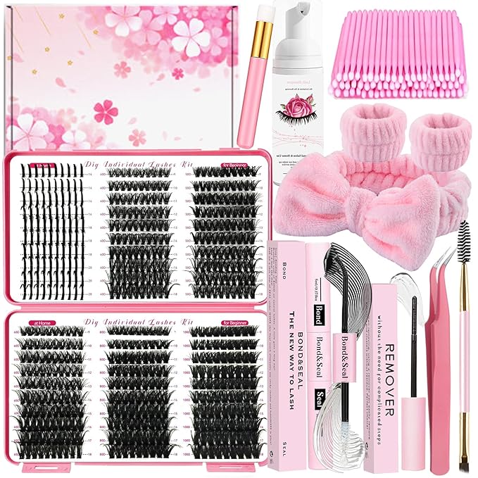 Qiveaory 580PCS DIY Lash Clusters Kit with Lash Spikes Eyelash Clusters D Cluster Eyelash Extensions Lash Bond and Seal Glue Remover Tweezers Eyelash Shampoo Cleansing Brush Headband Wristband