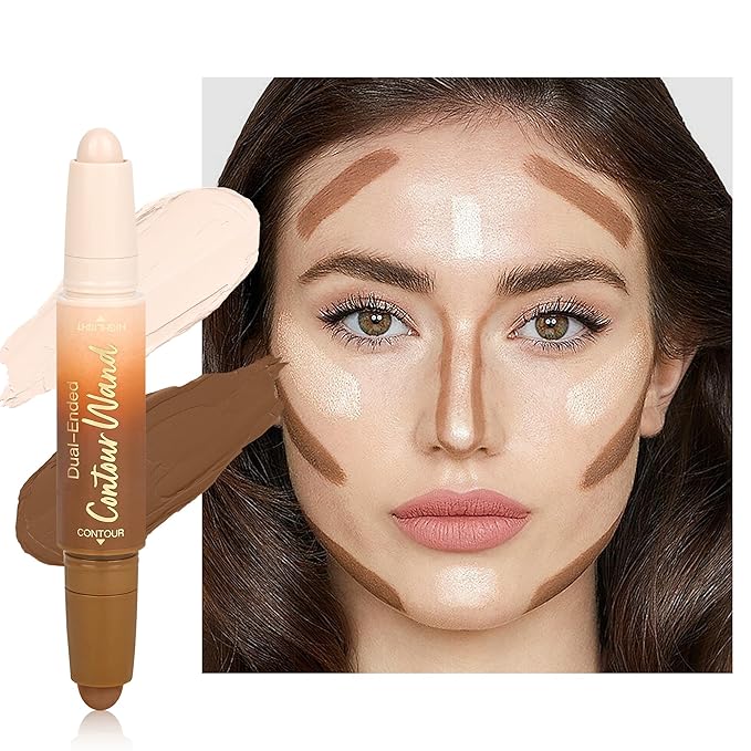 Contour Highlighter Stick，2-in-1 Dual-Ended Cream Bronzer & Highlighter Sticks Pen for Face Body Contouring Makeup- Buildable，Waterproof, Easy to Apply Suitable for Beginners，01+01 (01#+02#)