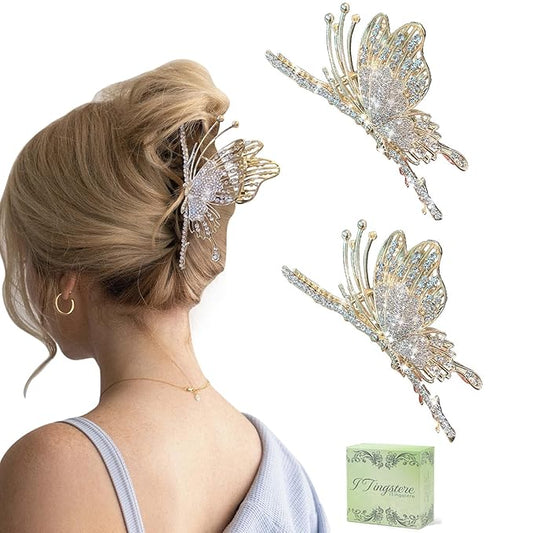 Butterfly Hair Claw Clips for Women, 2Pcs Rhinestone Large Non-Slip Strong Metal Clips for Thick Hair Styling, Hold, and Fashion Hair Accessories