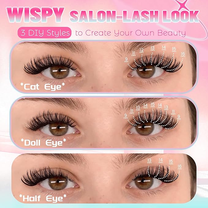 DIY Lash Extensions 266Pcs Lash Clusters Eyelash Extensions 9-16MM Mixed Wispy 30D 40D Natural Individual Lashes D Curl Thin Band Volume Cluster Lashes for DIY at Home (30D+40D,0.06D,9-16MM)