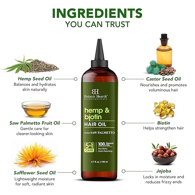 Botanic Hearth Hair Oil for Hair Growth & Hair Relaxer | Strengthening Dry, Frizzy, Damaged Hair & Scalp Treatment | Hemp & Biotin Hair Oil – 6.7 Fl Oz