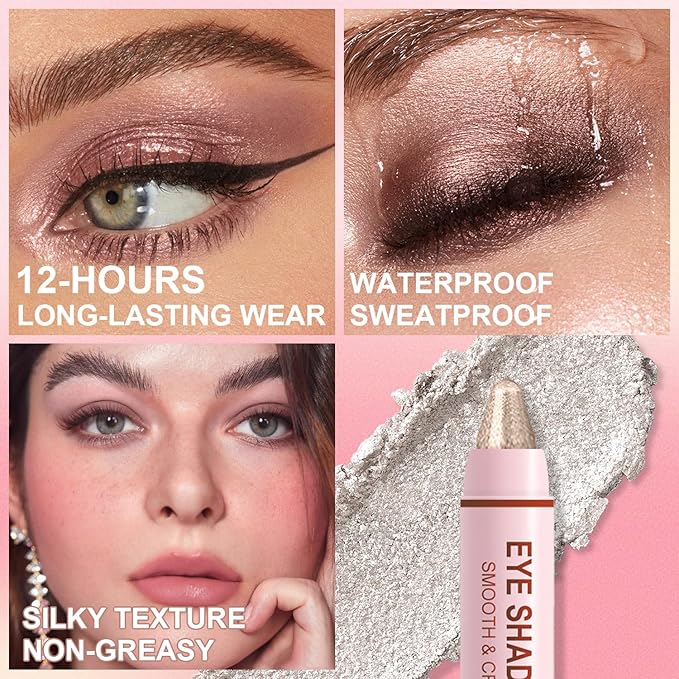 8Pcs Eyeshadow Stick, Eye Brightener Stick Built-in Blender Brush, Shimmer Creamy Eye Shadow Makeup, Waterproof Long Lasting Glitter Highlighter Eye Liner Pencil (8PCS A)