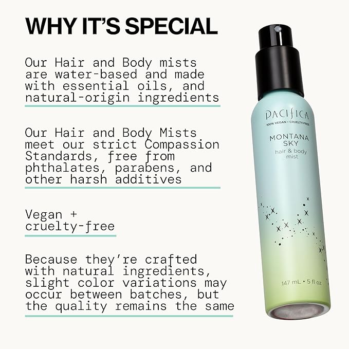 Pacifica Hair Mist Perfume & Full Body Spray for Women - Montana Sky Body Mist Fragrance w/Cedarwood, Elderflower, Black Pepper, Sage & Sandalwood Clean Beauty Alcohol-Free, Vegan & Cruelty-Free 5 oz | for Women, Clean Beauty, Alcohol-Free, Vegan, Crue...