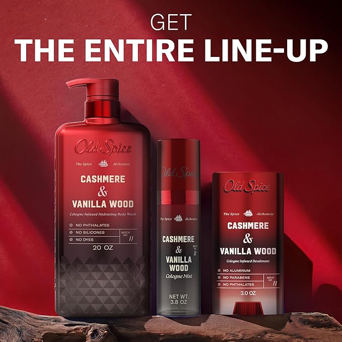 Old Spice Body Wash for Men, The Spice Alchemist Collection, 24/7 Cologne Infused Hydration, No Trade Off Formula, Free of Phthalates Silicones & Dyes, Cashmere + Vanilla Wood Scent, 20 oz