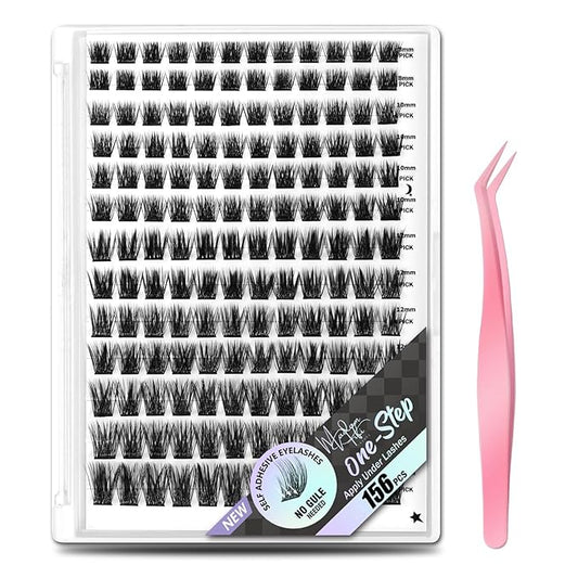 Madam Fifi 156 PCS Self-Adhesive Lash Clusters – No Glue Needed, Dual-Row Sticky Strip Lashes, DIY Individual Lash Extensions, Super Hold False Eyelashes (Volume-Mixed)