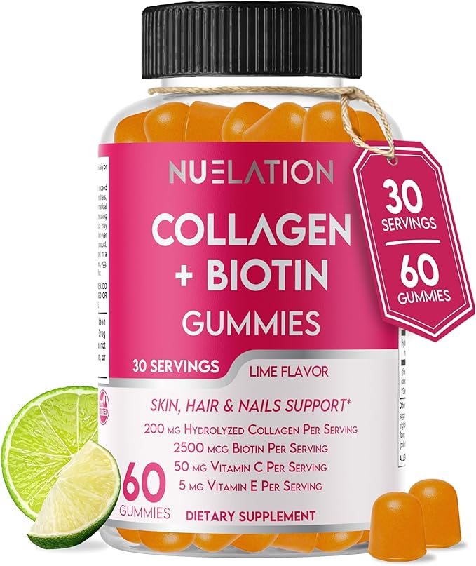 NUELATION 200mg Hydrolyzed Gummy Collagen for Women & Men. 2500mcg Biotin Gummies with 5mg Vitamin E, 50mg Vitamin C & 5mg Zinc. Gluten-Free, Non-GMO, Keto Friendly Adult Biotin and Collagen Vitamins