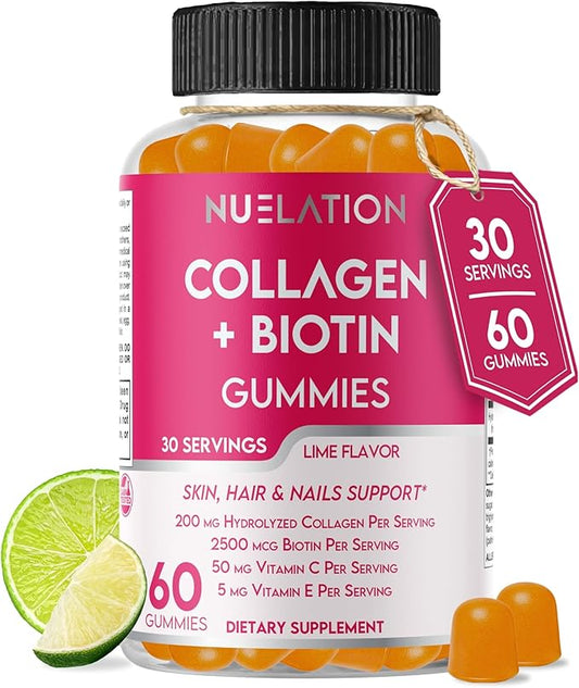 NUELATION 200mg Hydrolyzed Gummy Collagen for Women & Men. 2500mcg Biotin Gummies with 5mg Vitamin E, 50mg Vitamin C & 5mg Zinc. Gluten-Free, Non-GMO, Keto Friendly Adult Biotin and Collagen Vitamins