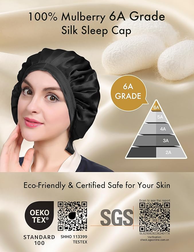 LILYSILK 100% Mulberry Silk Bonnet, 19 Momme Silk Night Sleep Cap Adjustable Hair Wrap for Sleeping, Black