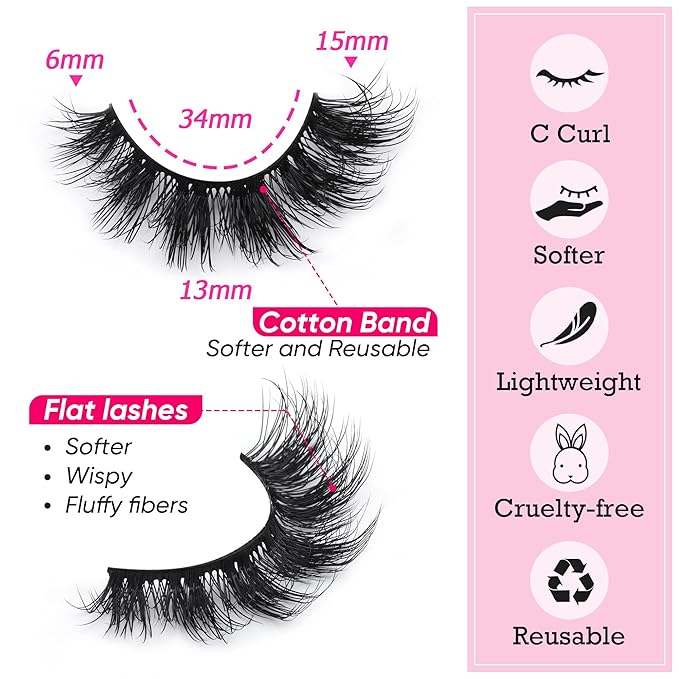 Mink Lashes Natural Look False Eyelashes Fluffy Flat Eyelashes 3D Mink Lashes Wispy Strips Lashes 7 Pairs Multipack by Focipeysa