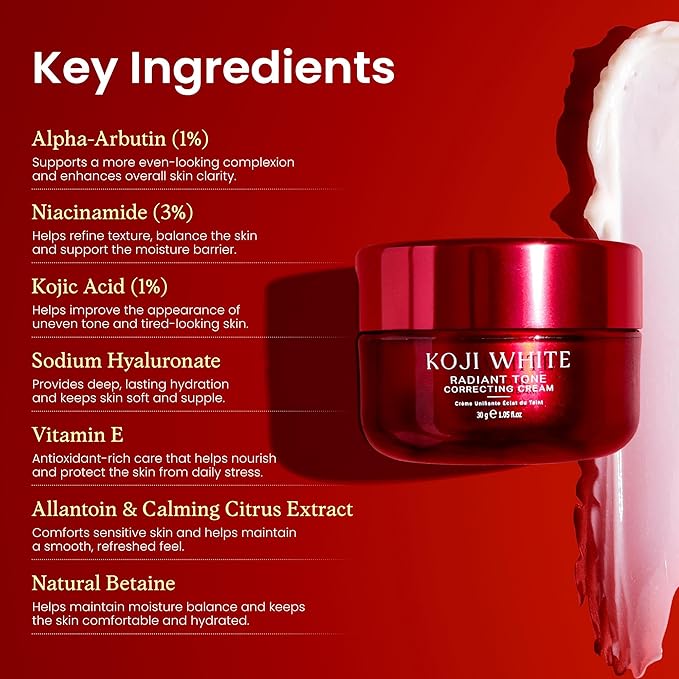 Koji White 1% Kojic Acid Cream | Face Moisturizer Radiant Tone Correcting Cream with 1% Alpha-Arbutin, 3% Niacinamide & Hyaluronic Acid for All Skin Types, Unscented, Vegan Skincare, 1.05 FL Oz