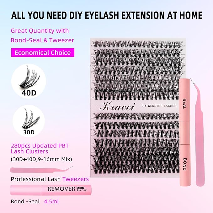 Kraeci Lash Extension Kit DIY with Adhesive Remover for Safe Removal, 280 Clusters 9-16mm, 30D/40D Volumes, Bond Glue, Sealant, Tweezers, Home Use Eyelash Starter Kit
