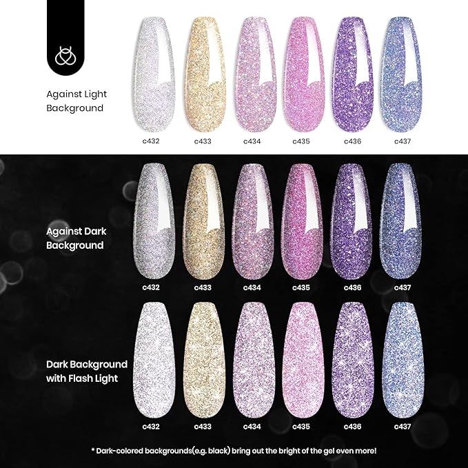 Beetles Reflective Glitter Gel Nail Polish Kit Winter Gel Polish 6 Colors Holographic Sparkle Flash Dimond Sliver Gold Soak Off UV LED Manicure Gift for Women Girls Midnight Sparkling