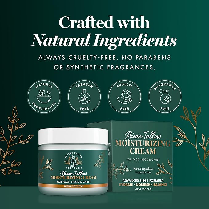 Bison Tallow Face Moisturizer & Neck Cream - Hydrating Moisturizer Face Cream with Bakuchiol and Hyaluronic Acid, Anti Aging Face Cream for Women, Grass-Fed, Fragrance Free 2 oz
