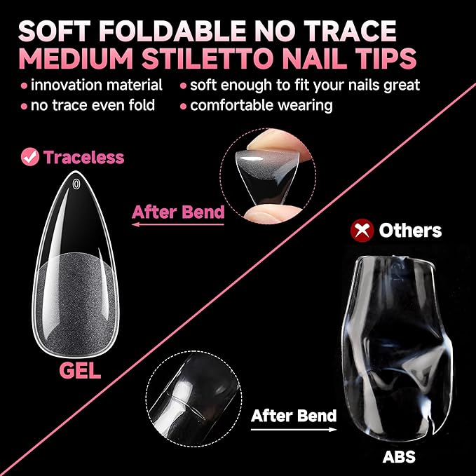 UNA GELLA Medium Stiletto Gel Nail Tips Full Cover 216Pcs Almond Shape Nails Tips Stiletto Pre etched Soft Gel Nails Clear Fake False Nail Tip For Home Art Salon 12 Sizes