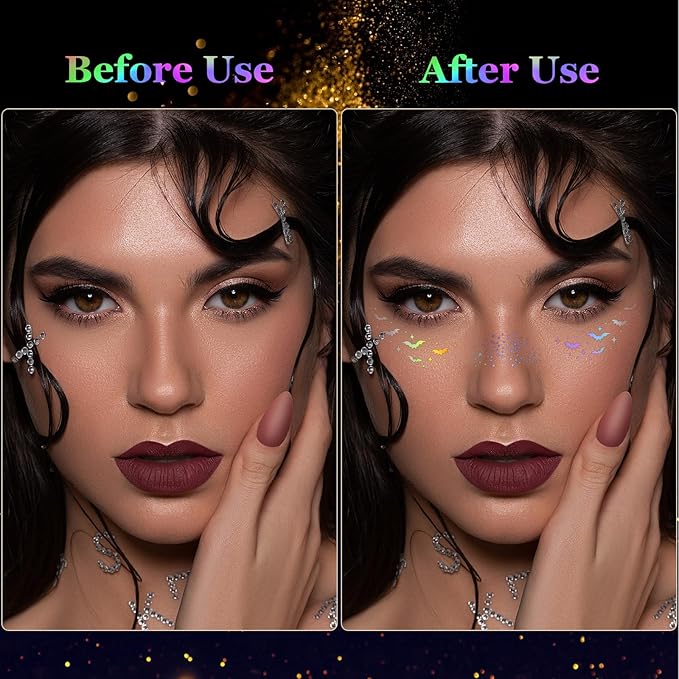 HyperFun 12Pcs Halloween Face Glitter Freckles, Glitter Freckles Face Tattoo Sticker, Holographic Multichrome Waterproof Sparkle Freckles Makeup Patches for Women Rave Festival Accessories Party Prom