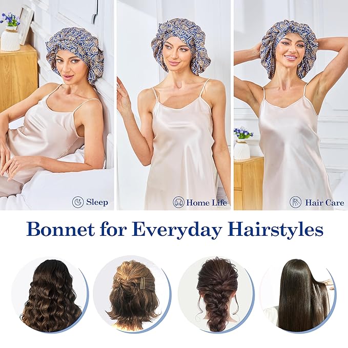 Silk Satin Bonnet for Sleeping Hair: Women Sleep Night Wrap Cap for Straight Wavy Curly Coily Kinky Natural Hair Head by Tie Band - Blue-Green & Gold Hexagon of Luck + Pink
